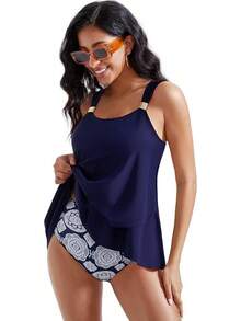 High Waisted Ruffle Tankini Swimsuit Plus Size Tummy Control - Navy Blue - View 11