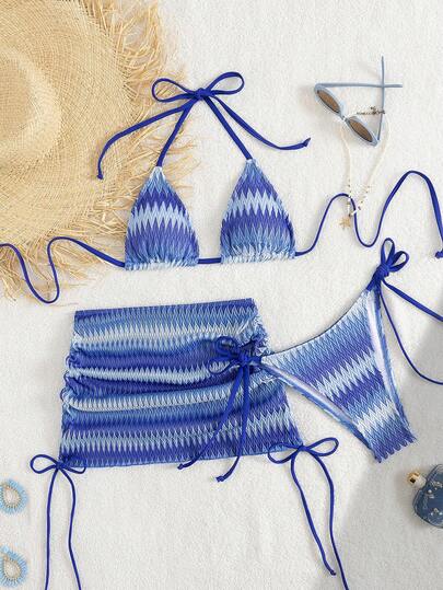 女士服装；女士沙滩装；女士比基尼套装纯色三件套春假沙滩装女士套装露背泳衣连衣裙优雅性感露背配饰完美适合夏季度假