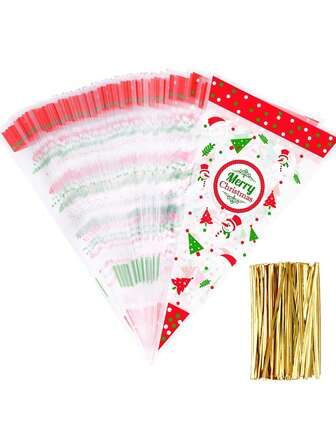 100 个圣诞锥形袋，带有雪花、雪人和树的设计 - 透明塑料礼品包装袋，配有扭结、红色和绿色节日图案，适合派对礼品、圣诞袜和礼物、圣诞礼品袋、节日设计、扭结封口
