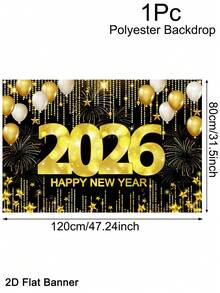 120x80cm 2026 新年快乐背景，闪光黑金气球设计，涤纶面料新年标志海报横幅，新年照片展台背景派对装饰，新年派对用品，2026 新年装饰 - 彩色 - 查看 8