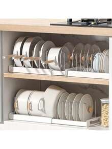 1pc Telescopic Shelf, Pot Holder, Anti-Punching Design, Space Free Adjustment, Can Adapt To Different Types Of POTS And Pans, Kitchenware - trắng - Xem 8