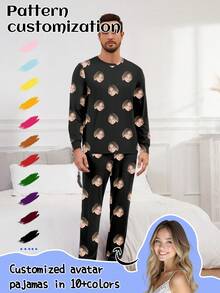 Printstory Customized Men's Long Sleeve Pajama Set, Can Print Any Pattern, Personalized Gift, Suitable For Family, Friends And Holiday Gatherings, Custom Face - Black - View 1