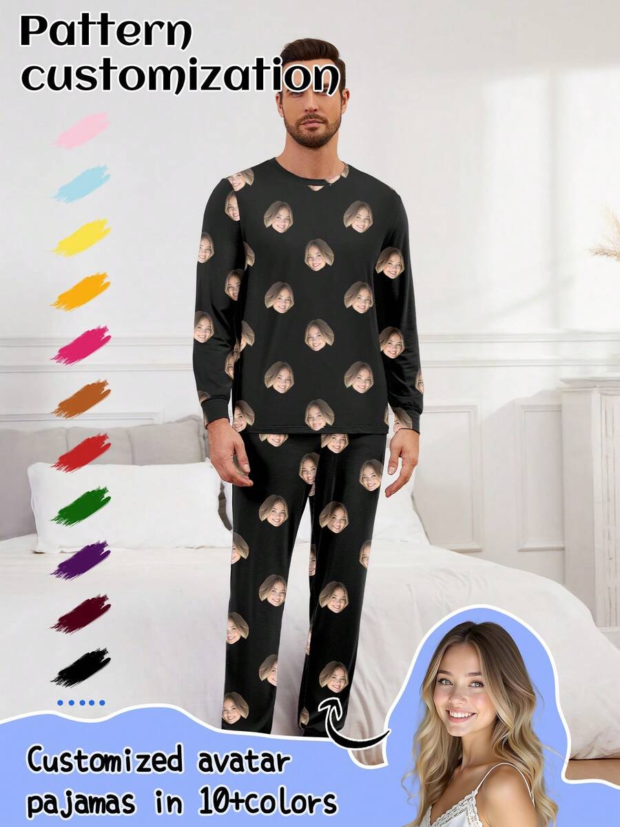 Printstory Customized Men's Long Sleeve Pajama Set, Can Print Any Pattern, Personalized Gift, Suitable For Family, Friends And Holiday Gatherings, Custom Face - Black - View 1