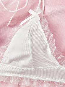 2pcs Women Sexy Lace Trim High Waist Spaghetti Strap Tie Knit Pajamas Lingerie Set Outfits - 白色 - 查看 9