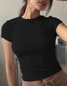 Women's Baby Tee Casual Minimalist Summer Fashion Babylook Blouse - 黑色 - 查看 2