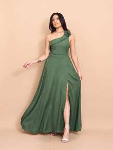 Helena Long Dress Luxury Plain Duna Linen With Slit Flowers One Shoulder - Olive Green - View 5