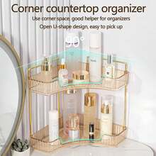 2-Tier Corner Bathroom Counter Organizer – Classic Storage Shelf For Makeup, Perfume & Toiletries, Space-Saving Countertop Tray Fits Bathroom, Dresser, Kitchen (Gold) - 黃金-2 級 - 查看 3