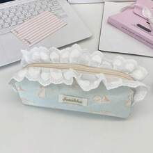 1 bolsa para lápis com estampa de gato e renda, grande capacidade, design colorido e portátil, adequada para cenários de armazenamento de papelaria, caixa de papelaria/organizador de estojo de lápis