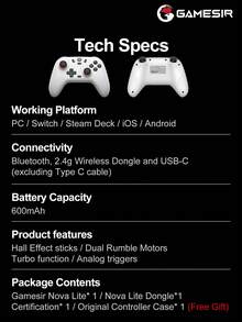 Controlador de juego GameSir para PC, compatible con 2 mandos, joystick Nova Lite, compatible con Switch, Steam, Deck, Android, iOS y Windows, joystick de efecto Hall, incluye estuche protector original del controlador, alto rendimiento-costo, botones de disparo simulados, motores de vibración dual, admite disparo rápido, accesorio de consola de juegos, batería de litio de 600 mAh, compatible con conexión inalámbrica (2.4G) o con cable, blanco - Dominó Blanco - Ver 12