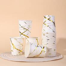 10pcs/20pcs/40pcs/60pcs Gold Marble Texture Paper Cups, 9oz Capacity. White Cup Bottom With Prominent Gold Texture, Resembling Natural Marble. Suitable For Serving Coffee, Tea, Hot Chocolate And Various Hot Beverages, Gold Paper Coffee Cups - White - View 2