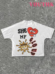 VHUTHK (180 Cotton T-Shirt) Big Eyed Child Print Men's Summer Round Neck Short Sleeved Casual Cotton Print - 白-3 - 查看 1