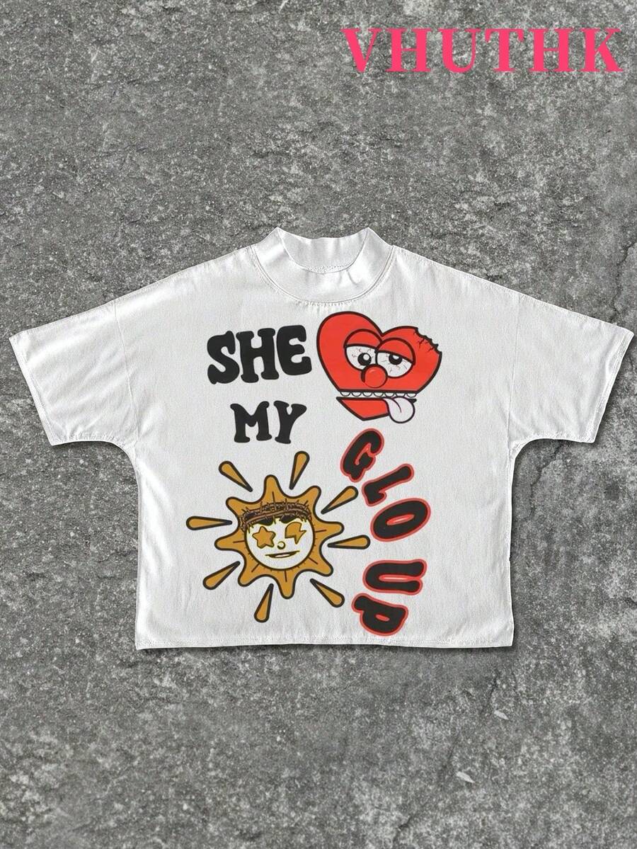 VHUTHK (180 Cotton T-Shirt) Big Eyed Child Print Men's Summer Round Neck Short Sleeved Casual Cotton Print - 白-3 - 查看 1