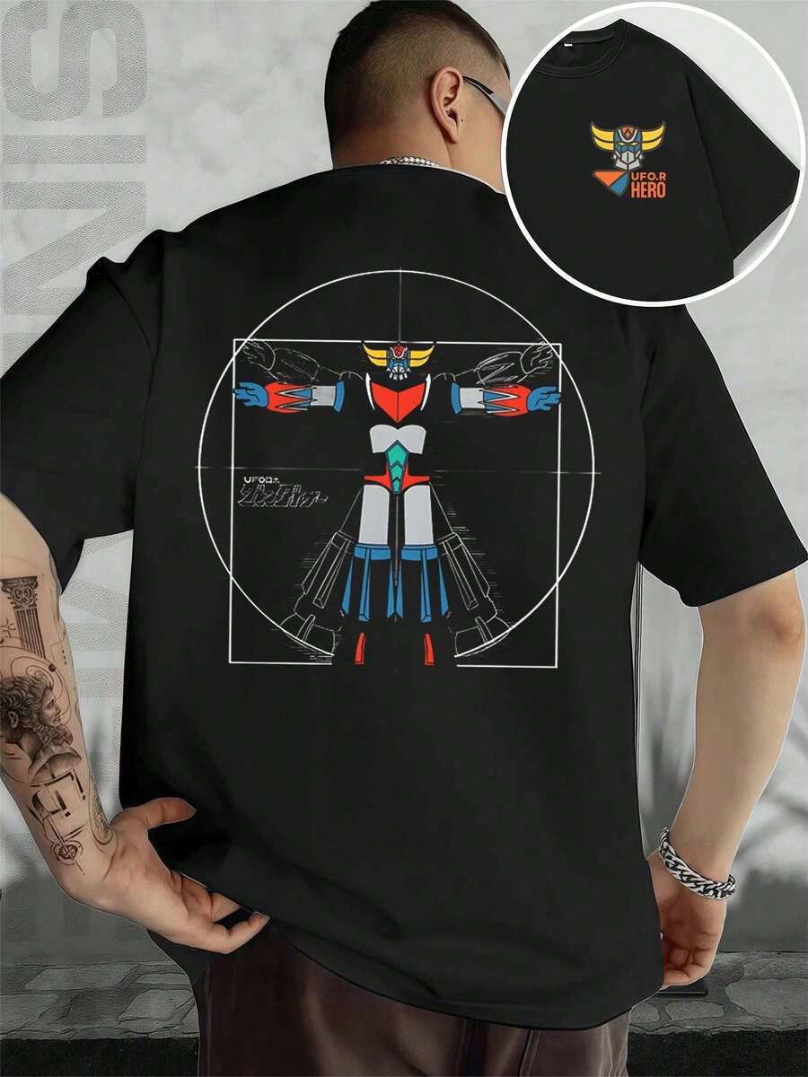 UFO Robot Goldorak T-Shirt, Men's T-Shirt With Double-Sided Print, Fashionable, Casual, Round Neck, 220 G/M2, Pure Cotton (1 Piece) - 黑色 - 查看 1
