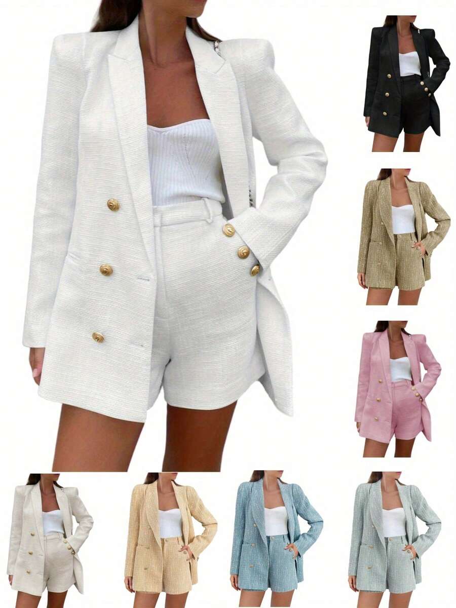 Conjunto de blazer y pantalones cortos de tweed para mujer, chaqueta de traje de doble botonadura de manga larga, conjunto de negocios - Blanco - Ver 1