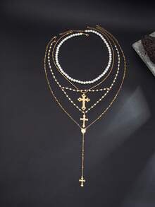 4pcs Punk Minimalist Cross Necklaces, Men's Vintage Faux Pearl Layered Y-Necklace, Suitable For Daily Wear And Parties - 4-piece Set - View 18