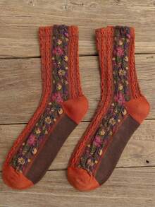 5 Pairs Women's Vintage Floral Knitted Socks - Bohemian Style Crew Socks For Autumn Winter, Warm Comfortable Boot Socks With  Design, Perfect Match For Boots & Dresses, Ideal Festival Gift