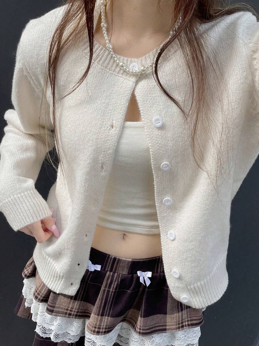 Cárdigan de mujer de un solo pecho, de manga larga, elegante y vintage, suéter sólido de lana tejida para otoño e invierno, básico para volver a la escuela y estilo Y2K