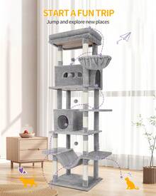 HEXCELEN 82.7-Inch Cat Tree, Large Cat Tower For Indoor Cats, Condo With Perch, Cat House Furniture With 2 Caves, 8 Scratching Posts, Hammock, Pompoms, Washable Cushion, Dark Gray - 深灰色 - 查看 3
