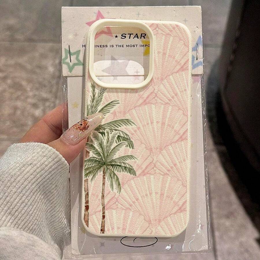 Vacation Style Fashion TPU Pink Seashell & Palm Tree Pattern 1pc Phone Case Compatible With Iphone/ Phones Spring Gift Birthday Party Celebration International Version Not The Domestic Version - White - View 1