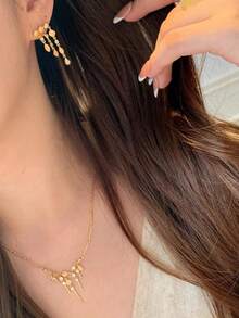 2 件/套（可单独选择）法式奢华复古个性化设计纹理不对称流苏项链和耳环，带水钻，时尚优雅，适合女性日常、节日、派对穿着、女友礼物 - 金色 - 查看 3