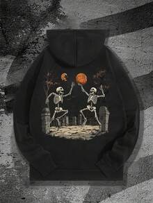 Hanorac cu glugă pentru bărbați, cu mânecă lungă, cu imprimeu de craniu și baschet, stil casual de stradă - Negru - Vizualizare 3