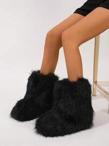 New Winter Warm Plush Faux Fur Snow Boots For Women - Dark Grey & Brown Ankle Booties With Soft Lining, Cozy Slip-On Design For Cold Weather Outdoor & Indoor Wear - 黑色 - 查看 6
