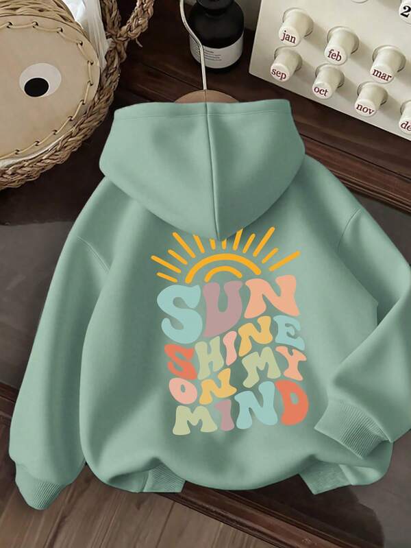 Sunny Mood Regenbogen-Buchstabendruckmuster, Damen-Sweatshirt, Baumwoll-Damen-Oberteil, Sweatshirt mit überschnittenen Schultern, Oversize-Sweatshirt, dicker Stoff für Herbst und Winter, warmes Fleecefutter, Kapuzenpullover mit Kordelzug, lockeres, lässiges Sweatshirt, vielseitig, Retro, Preppy-Stil, geeignet für Kleidung mit langen Ärmeln für kaltes Wetter, Damen-Streetwear-Sport-Oberteil, Damen-Seeater, Festival-Kleidung