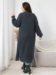 Plus Size Midi Cardigan With Pockets, Long Drop Shoulder Sleeves, Rib Knit Slit Hem, Soft Fabric