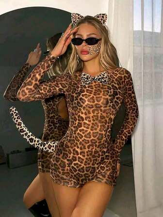 3pcs's Adorable Leopard Print Cat Suit With Ears, Tail, And Bow Tie Is Perfect For Festive Cosplay And Themed Parties