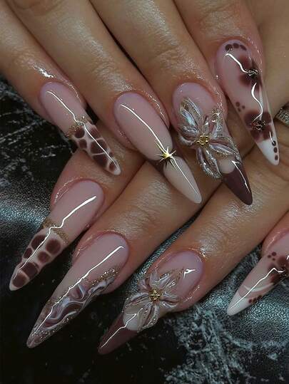 10pcs Handmade Nail Art, Morel Coffee 3D Flower Nail Art, Autumn Nail Art, Gold Flower & Animal Print, Autumn Blooming Shiny Pointed Gel Nail Tips, Suitable For Women And Girls Daily Wear Nails Nail Supplies Handmade Press On Nails