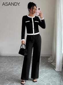 Women's Colorblock Faux Button Top And Straight Leg Pants Set - Crew Neck Long Sleeve T-Shirt, Colorblock Trim, Office Casual 2 Pieces Set - Black - View 1