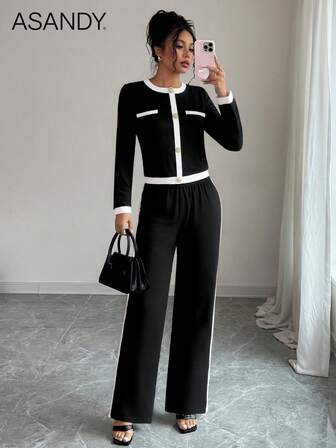 女式拼色假纽扣上衣和直筒裤套装 - 圆领长袖 T 恤，撞色饰边，办公室休闲两件套