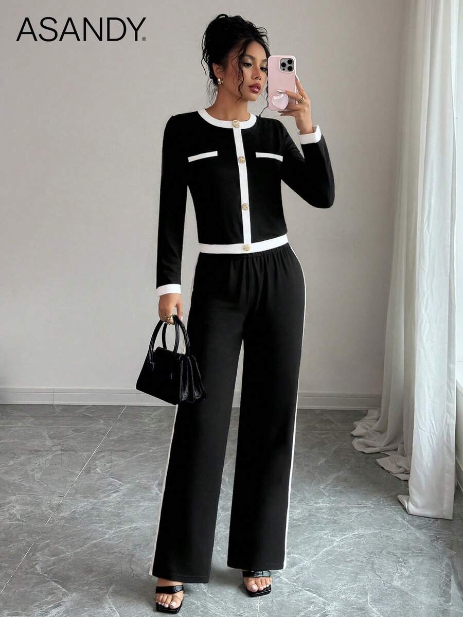 Women's Colorblock Faux Button Top And Straight Leg Pants Set - Crew Neck Long Sleeve T-Shirt, Colorblock Trim, Office Casual 2 Pieces Set - Black - View 1