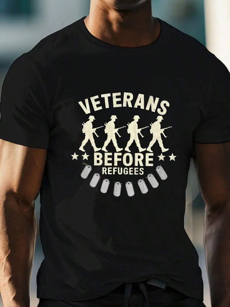 VETERANS BEFORE Print Men'S Crew Neck Short Sleeve Plus Size T-Shirt, Comfy Versatile Top, Leisurewear,Nightmare Before Christmas,Christmas,Halloween Costumes,Funny T Shirts,Summer Outfits,Thanksgiving Day,Men Graphic Tees,Streetwear Men - Black - View 1