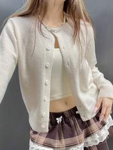 Cárdigan de mujer de un solo pecho, de manga larga, elegante y vintage, suéter sólido de lana tejida para otoño e invierno, básico para volver a la escuela y estilo Y2K