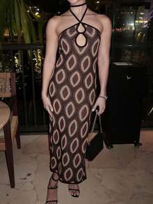 Women Boho Halter Neck Knit Dress Fashion Print Sleeveless Open Back Slim Fit Midi Dress For Daily Party Club - Mixed Colors - View 2