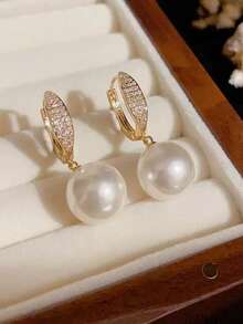 زوج من أقراط قلادة اللؤلؤ الفاخرة للنساء، أقراط حلقية أنيقة من الزركونيا، إكسسوارات أزياء أنيقة