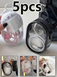 5pcs/2pcs/1pc Portable Mini Transparent Zipper Storage Bags, Compact Multifunctional Organizer, Earphone & Charger Case With Keychain, Transparent Travel Accessory Pouch