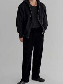 男士纯色连帽卫衣，重磅拼接设计休闲宽松套头衫，适合春秋季节及所有季节 - 黑色 - 查看 3