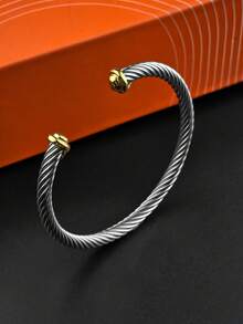1pc Classic Minimalist 5mm Stainless Steel Cable Twist Adjustable Open Bangle, 18K Gold Plated, Suitable For Women's Daily Wear