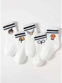 5/1 Pair Harry Potter Pattern Kids Mid-Calf Socks, Black & White Stripes, Cute Cartoon Harry Potter Design, Fashion Casual Comfortable Breathable Student Socks, Suitable For Daily Wear, Back To School, Holiday Gifts