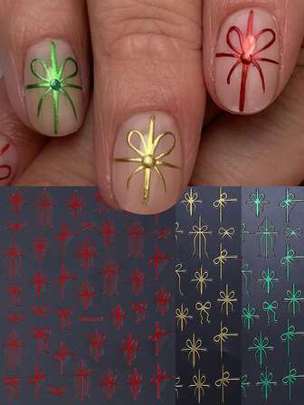 3 Colors Christmas Bow Ribbon Gift Nail Stickers Simple Cute Green Red Gold Metallic Bow Knot Decals Fingernails Xmas New Year Designs Self-Adhesive Decals Nail Art Decoration For Women Girl Holiday Festival Accessories