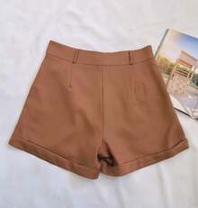 Women's Tailored Shorts With Buttons - Brown - View 2