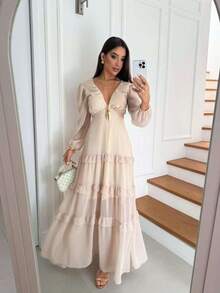 Women's Long Chiffon Dress With Long Sleeves, V-Neck, Ruffled Hem And Lining - Blanco - Ver 1