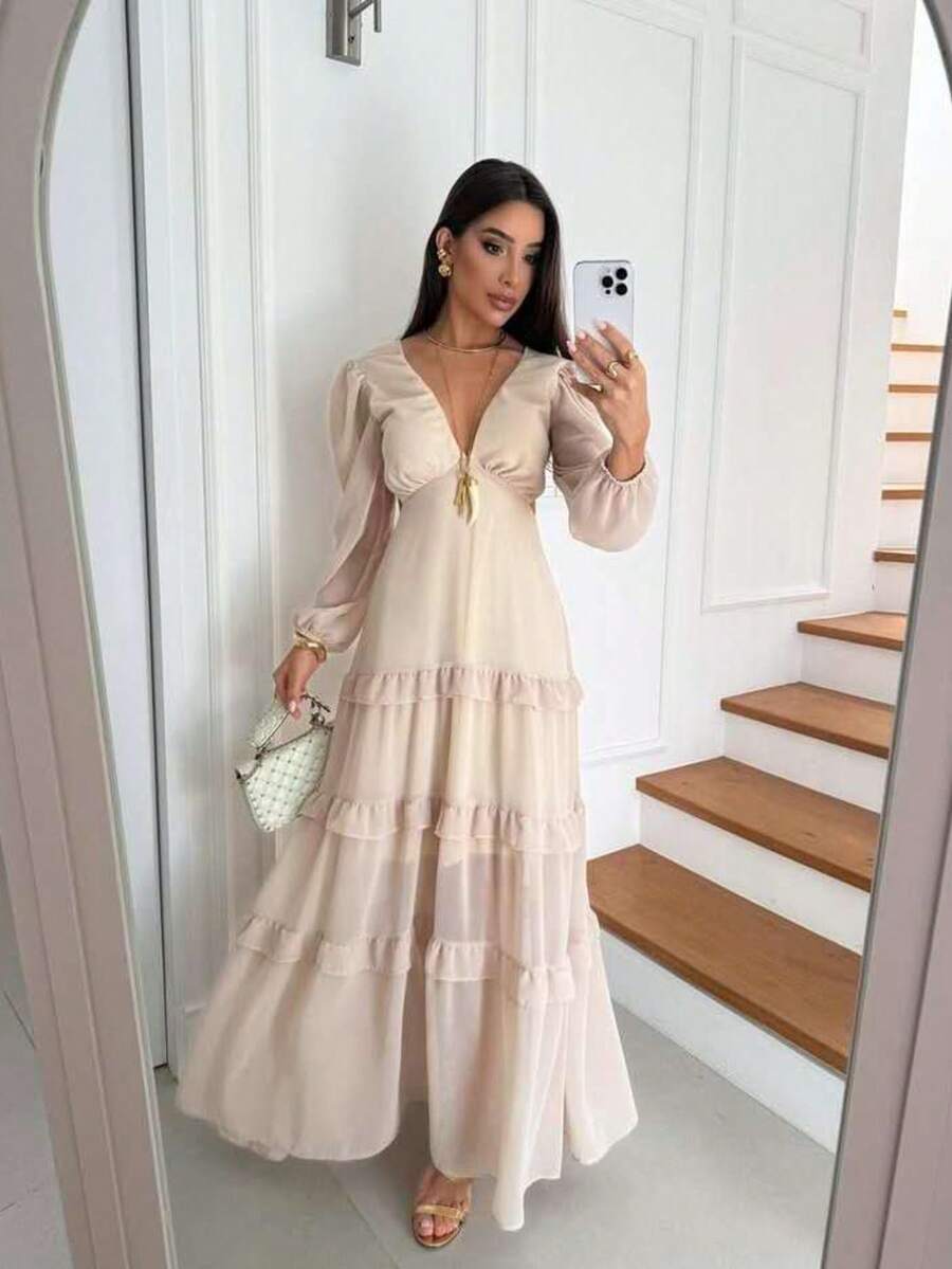 Women's Long Chiffon Dress With Long Sleeves, V-Neck, Ruffled Hem And Lining - Blanco - Ver 1