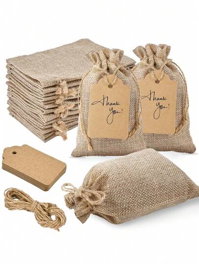 30 de pungi de cadou din carton cu șnur, reutilizabile, pungi cadou pentru petreceri + etichete cadou bonus și șnur, pungă din in maro pentru nuntă, ziua de naștere, cadouri de petrecere, decorațiuni pentru returnare cadouri, Crăciun, ambalaje de sărbători, pungi pentru bijuterii, pungi vrac pentru artizanat DIY