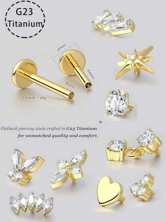 2pcs 16G G23 Titanium Tragus Conch Helix Piercing Jewelry Internally Threaded Flat Back Cartilage Earrings Forward Helix Earrings Medusa Labret Piercing Jewelry For Women Men Gold 6MM 8MM