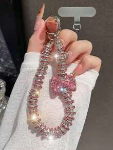 Colgante de llavero con oso/lazo de nudo con strass premium, cadena versátil anti-caída, decoración asimétrica de lazo de perla falsa, adecuado para teléfono, viaje al aire libre, compras, cordón anti-pérdida, correa de funda de teléfono de moda