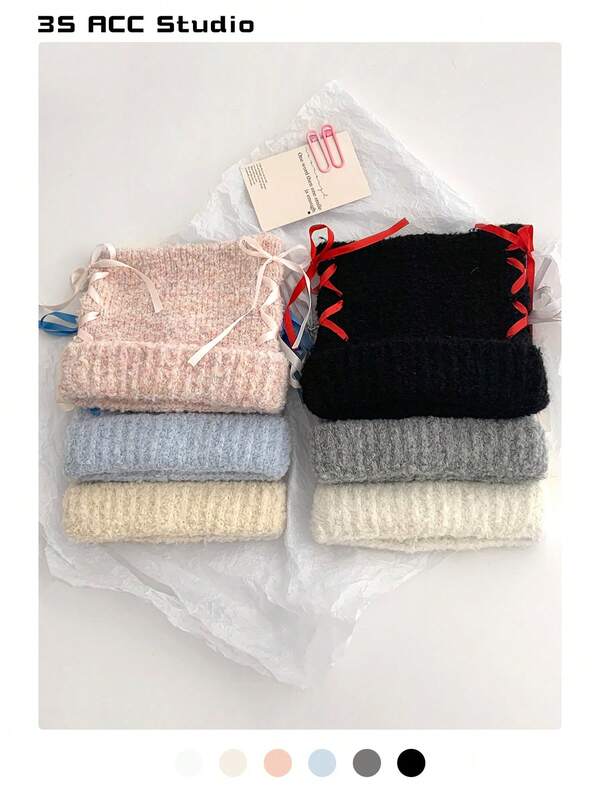 1 pieza Gorro de punto con lazo lindo, cálido y favorecedor para mujeres en otoño/invierno, elegante gorro de crochet con orejas de gato esponjoso