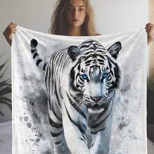 1pc Flannel Blanket, White Tiger 2D Flat Print Blanket, Warm And Comfortable Soft Blanket, Suitable For Sofa Bed Sofa Car Office Camping Travel, Gift Blanket Suitable For All Seasons, Crystal Opossum, Throw For Sofa - White - View 2